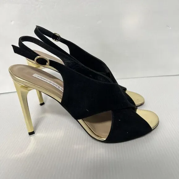 Diane von Furstenberg Vick Cross Sandals Size 9 Suede Leather Gold Heel Italy - Picture 2 of 9